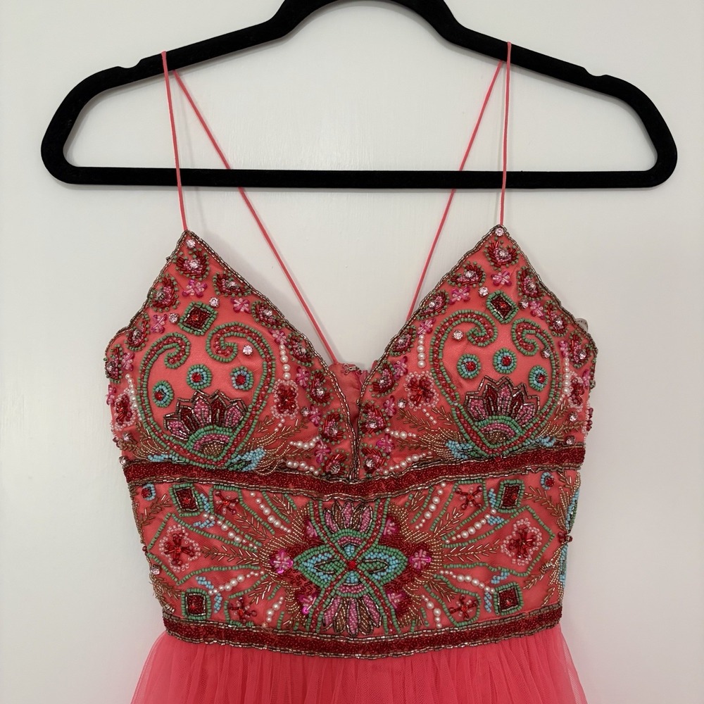 Sherri Hill 50474 A Line Maxi Formal Dress Red Pink Tulle 2 Beaded Homecoming - Picture 6 of 12